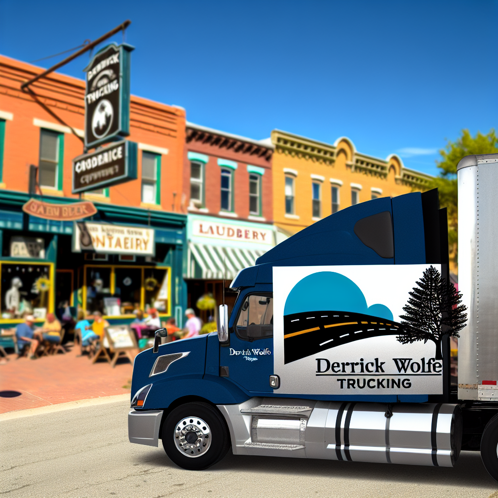 Truck with Derrick Wolfe Trucking logo, symbolizing community and growth in local trucking industry