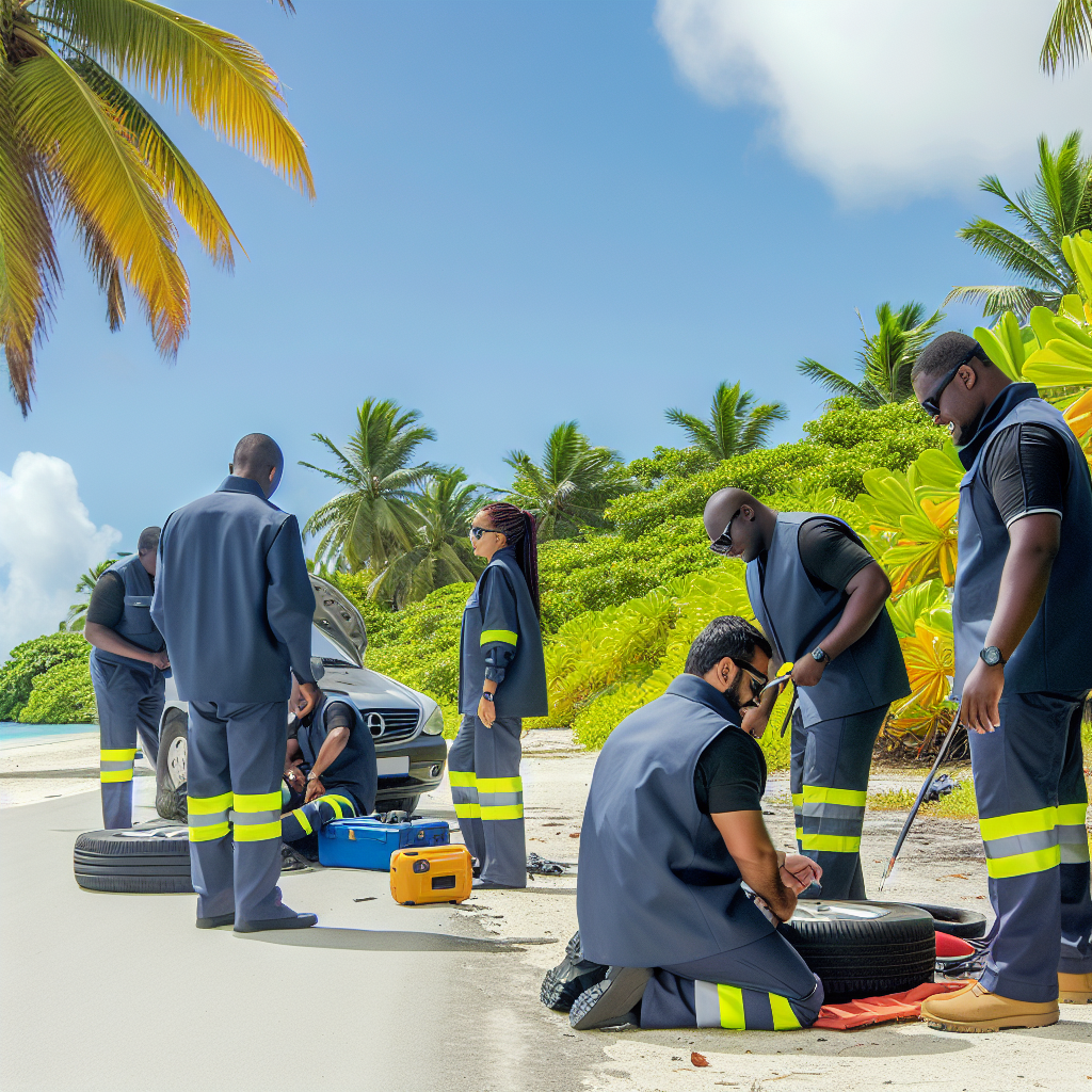 A team of roadside assistance professionals in training on an island