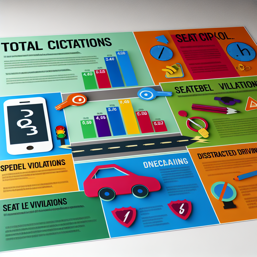 A simple visual image depicting key statistics from Operation Safe Driver Week, including total citations, speeding violations, seat belt violations, and distracted driving incidents. The design is colorful and engaging, suitable for sharing online, clearly visualizing safety statistics.