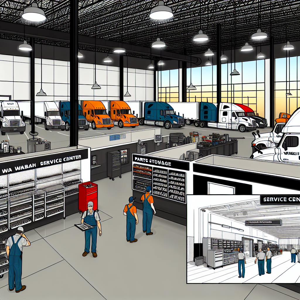 Visual representation of the new Wabash service center opened in Atlanta, showcasing a modern service environment, with service trucks and technicians at work.