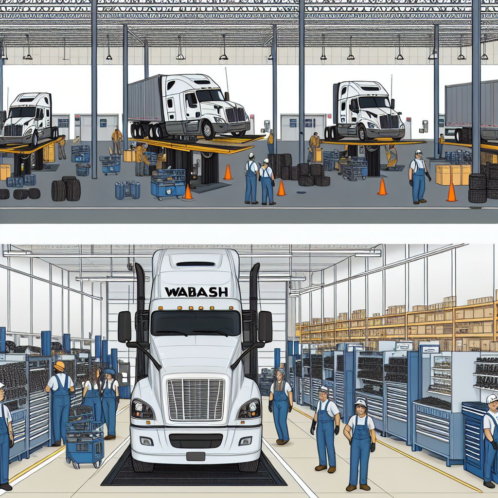 Visual depiction of trucks being serviced at a Wabash service center, showcasing technicians at work in a clean environment with service equipment visible.