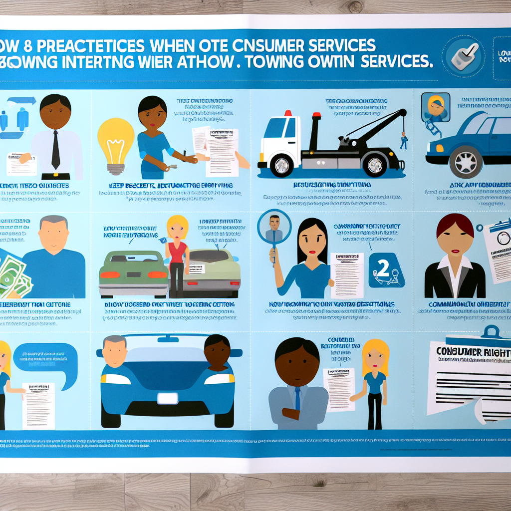 Visual guide summarizing best practices for consumers interacting with towing services, including tips like keeping receipts, knowing rights, asking upfront questions, documenting everything, getting written estimates, communicating clearly, and reviewing invoices carefully.