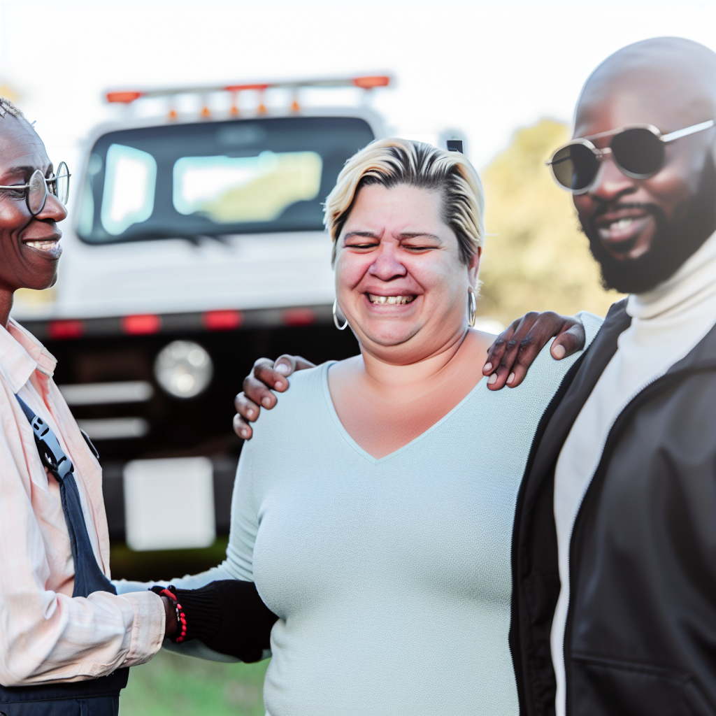 Customer receiving assistance from a towing company representative.