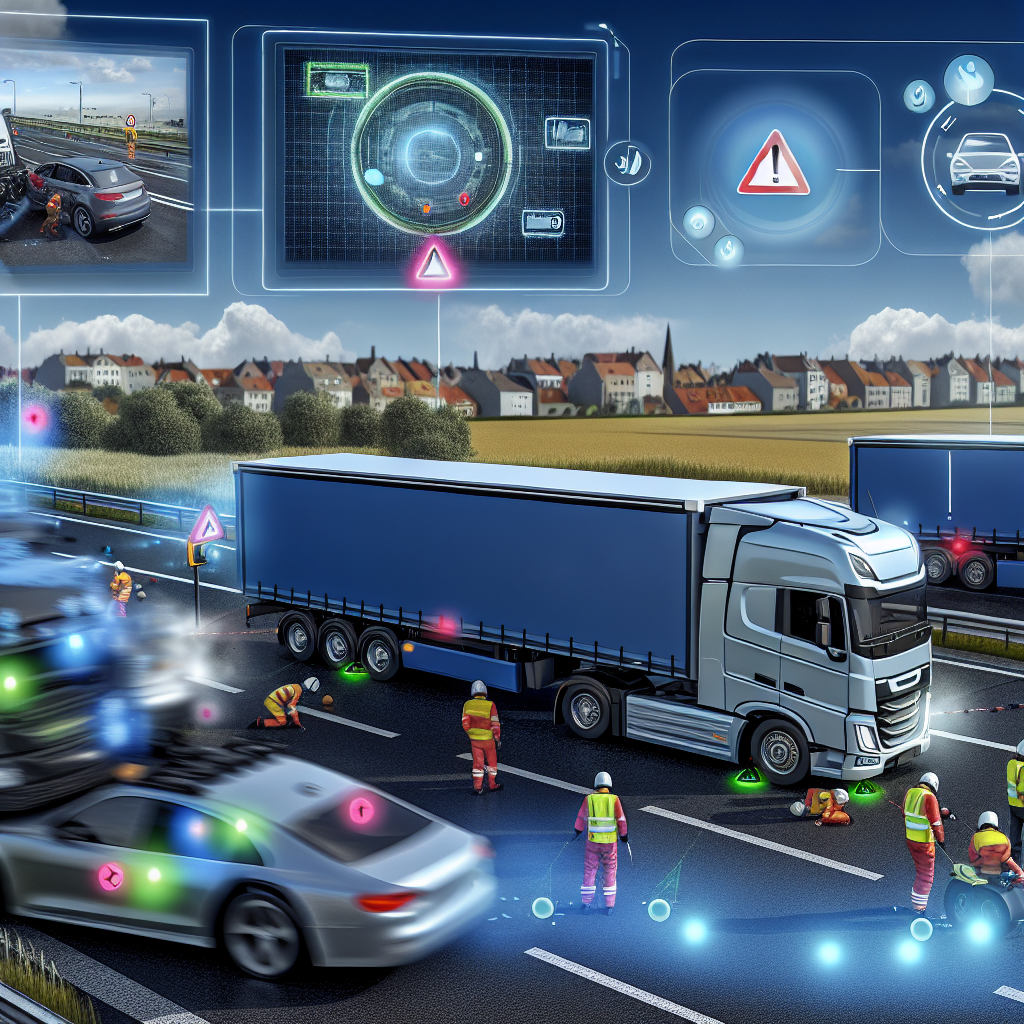 An illustration showing real-time applications of safety technologies in trucking including driver monitoring systems, collision avoidance, and automatic emergency braking during a roadside assistance scenario.