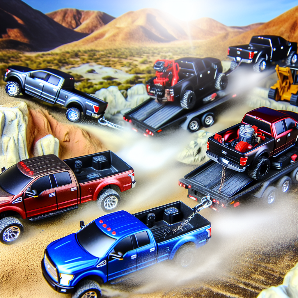 Trucks in a towing scenario showcasing the Ford F-150, Chevy Silverado, and Ram 1500 in action.