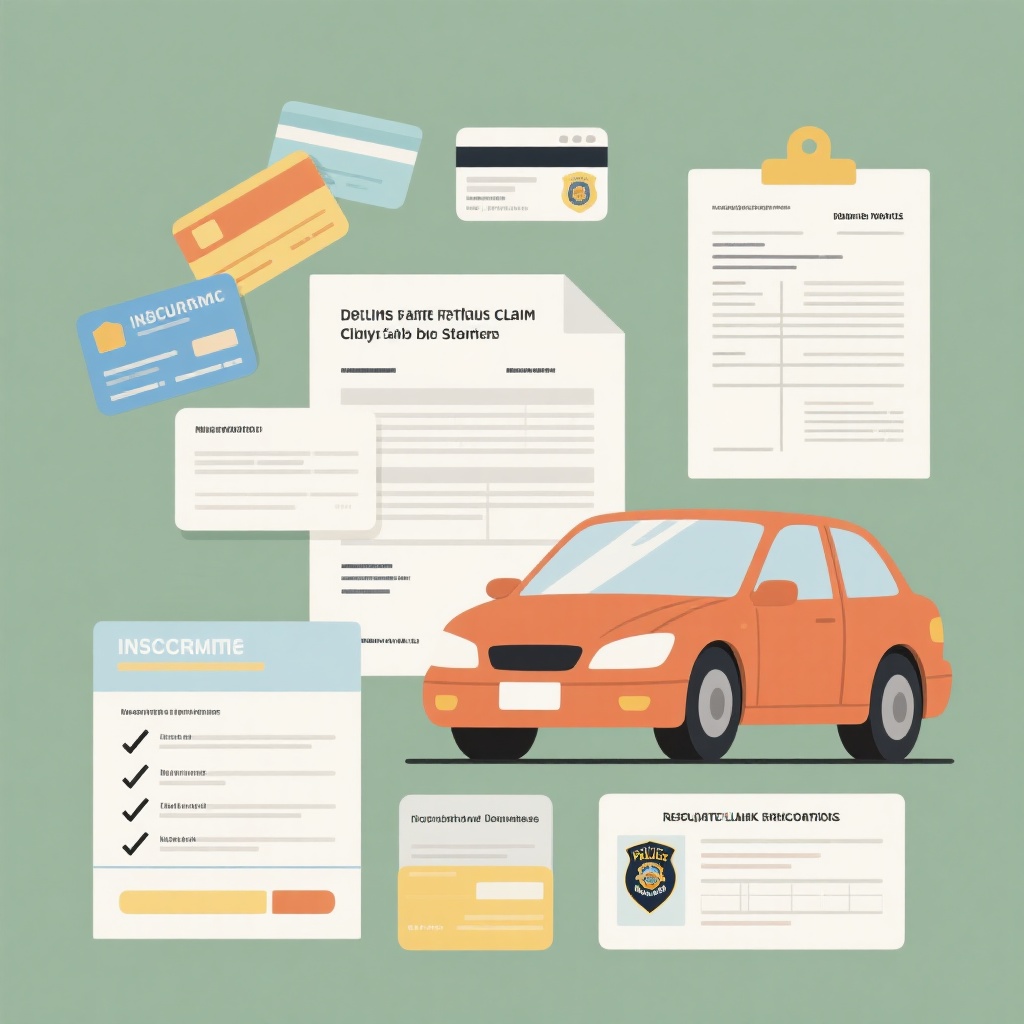 Illustration of vehicle insurance paperwork and claims process