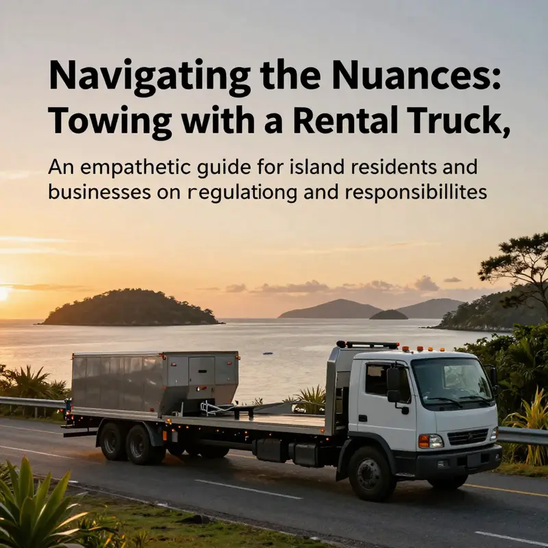 A serene island scene with a rental truck towing a trailer, showcasing the topic of towing regulations.