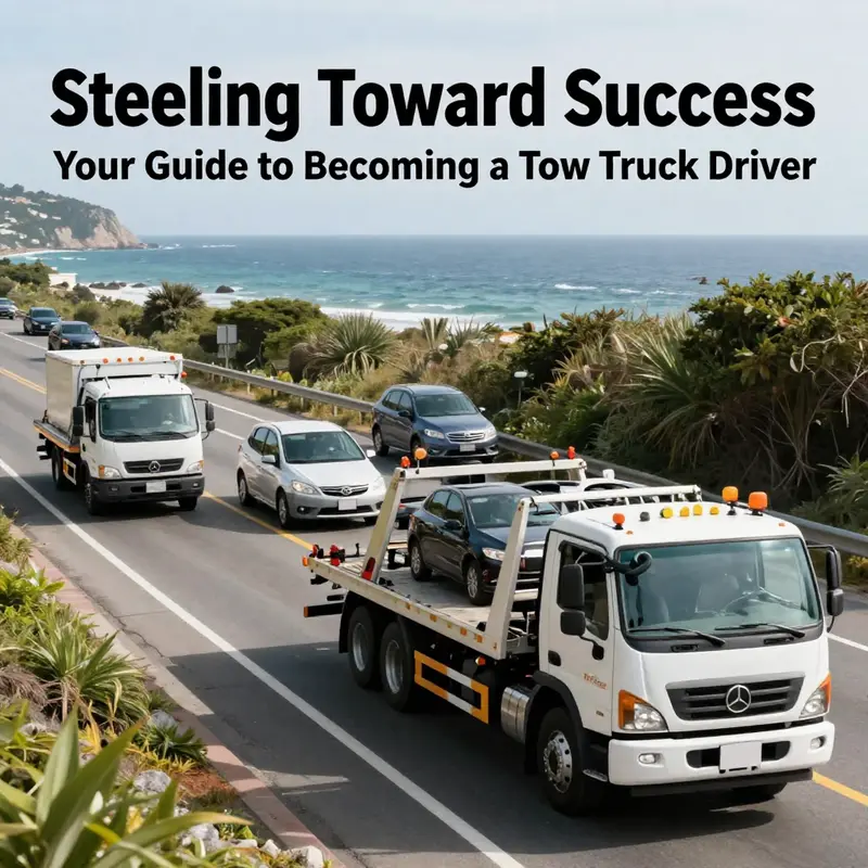 A scenic view of tow trucks operating along a coastal road, representing the breadth of opportunities within the towing industry.