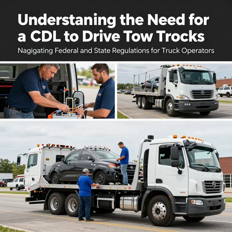 A collage showing tow truck professionals at work, emphasizing the importance of CDL knowledge in towing operations.