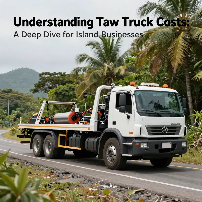 A heavy-duty wrecker tow truck prepares for a large recovery operation on an island road.