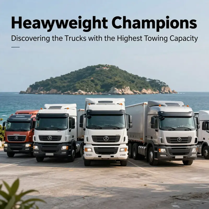 A lineup of modern trucks in front of a picturesque island landscape, highlighting their robust capabilities.