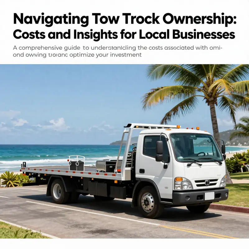A beautiful island scene with a tow truck parked against a coastal backdrop, representing community-based towing solutions.