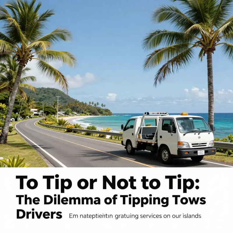 A picturesque island road with a tow truck, illustrating the vital towing services amidst stunning natural beauty.