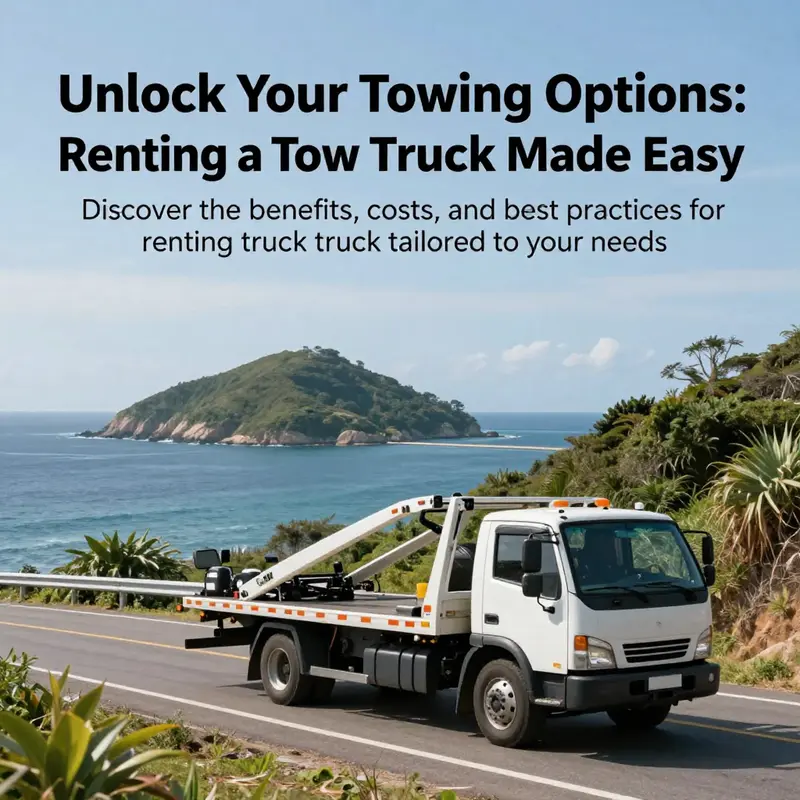 A tow truck drives along a coastal road, with an island landscape in the background.