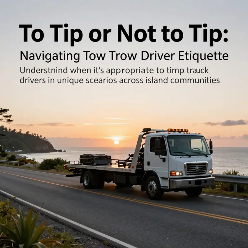 A sunset view of an island road with a tow truck, symbolizing the community-focused aspect of towing services.