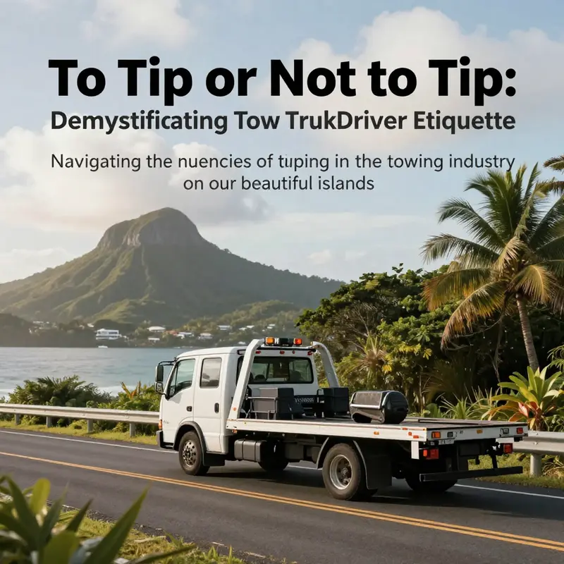 A tow truck parked by a picturesque island road surrounded by nature.
