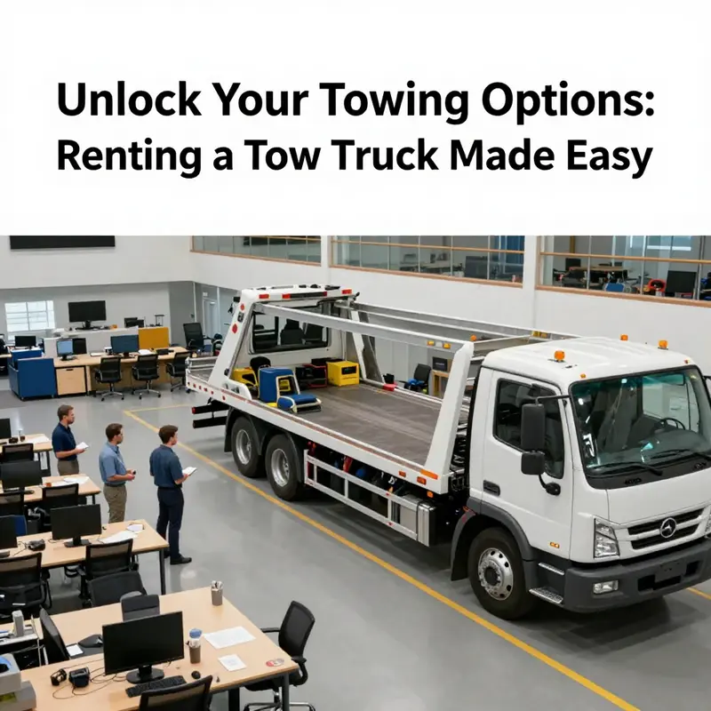 An overview of rental options available for tow trucks outside an auto repair shop.