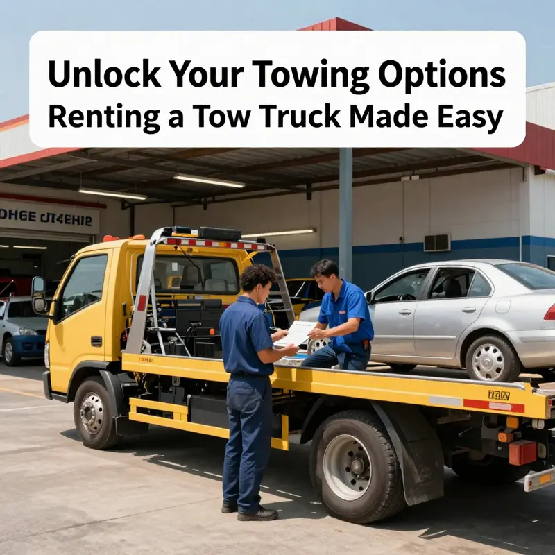 An overview of rental options available for tow trucks outside an auto repair shop.