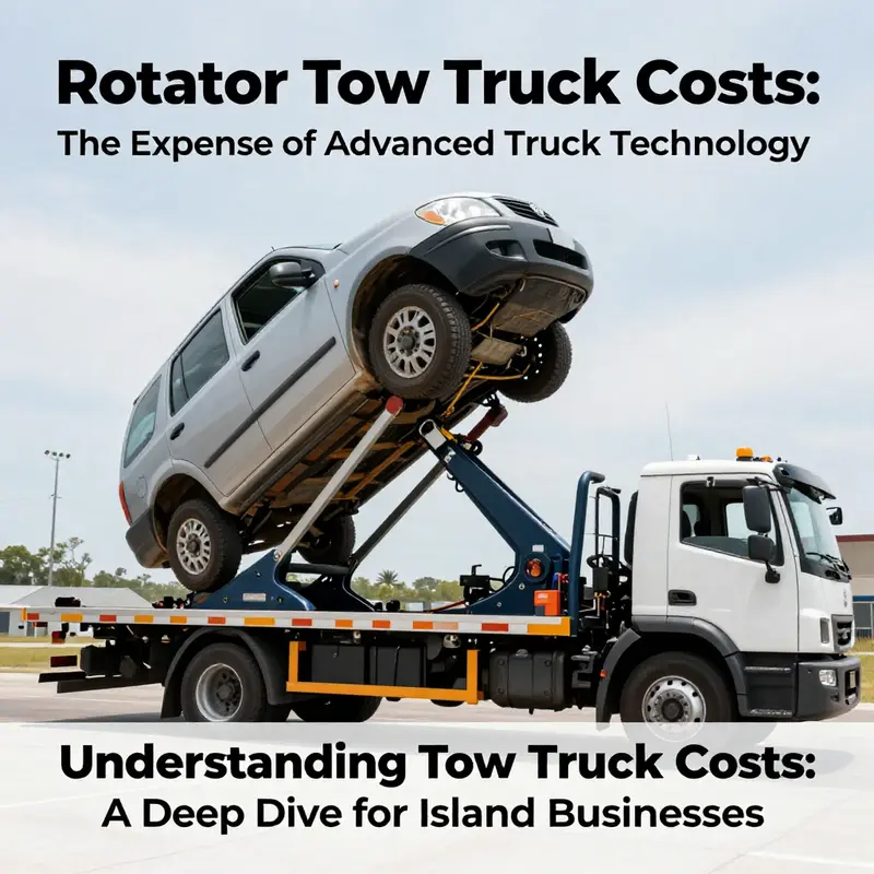 A heavy-duty wrecker tow truck prepares for a large recovery operation on an island road.