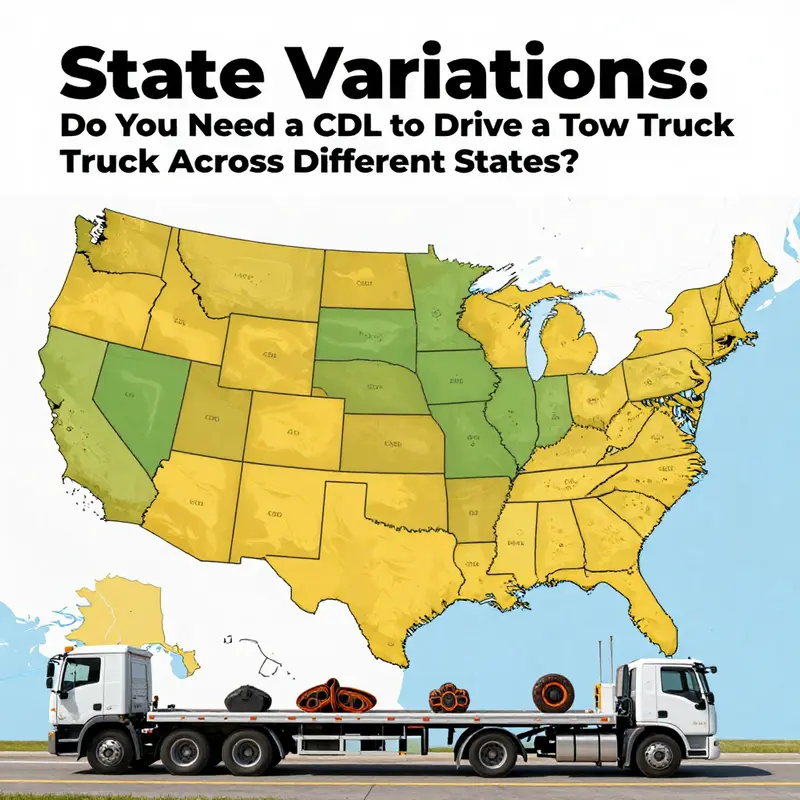 A group of professionals discussing tow truck licensing requirements with a tow truck in focus.