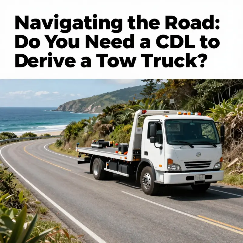 Tow truck parked alongside a coastal road, representing towing services in island communities.