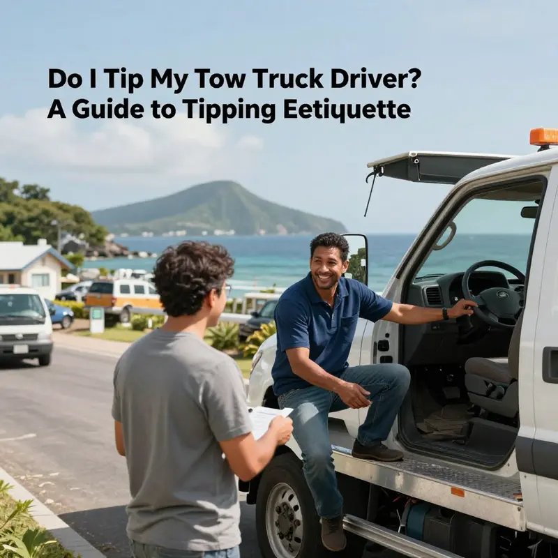 A tow truck driver providing friendly assistance to a stranded motorist on a calm day.