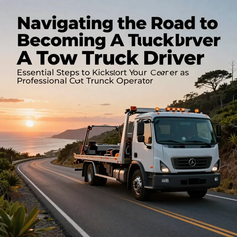 A tow truck is positioned on a picturesque island road at sunset, encapsulating the fulfilling journey of becoming a tow truck driver.