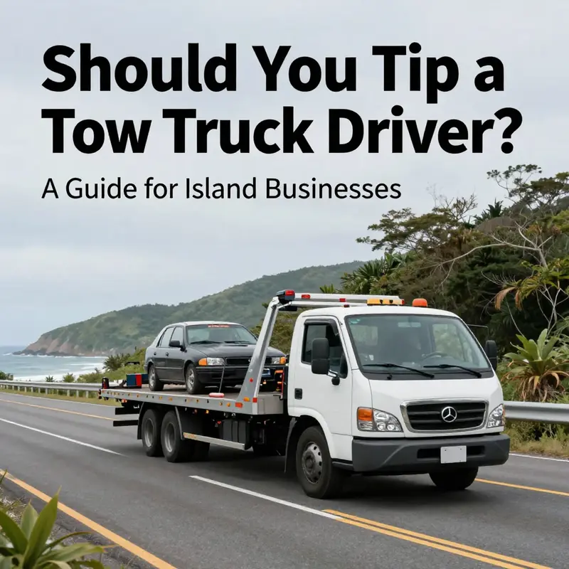 Tow truck on an island road, illustrating the central focus of tipping in the towing and automotive service sector.