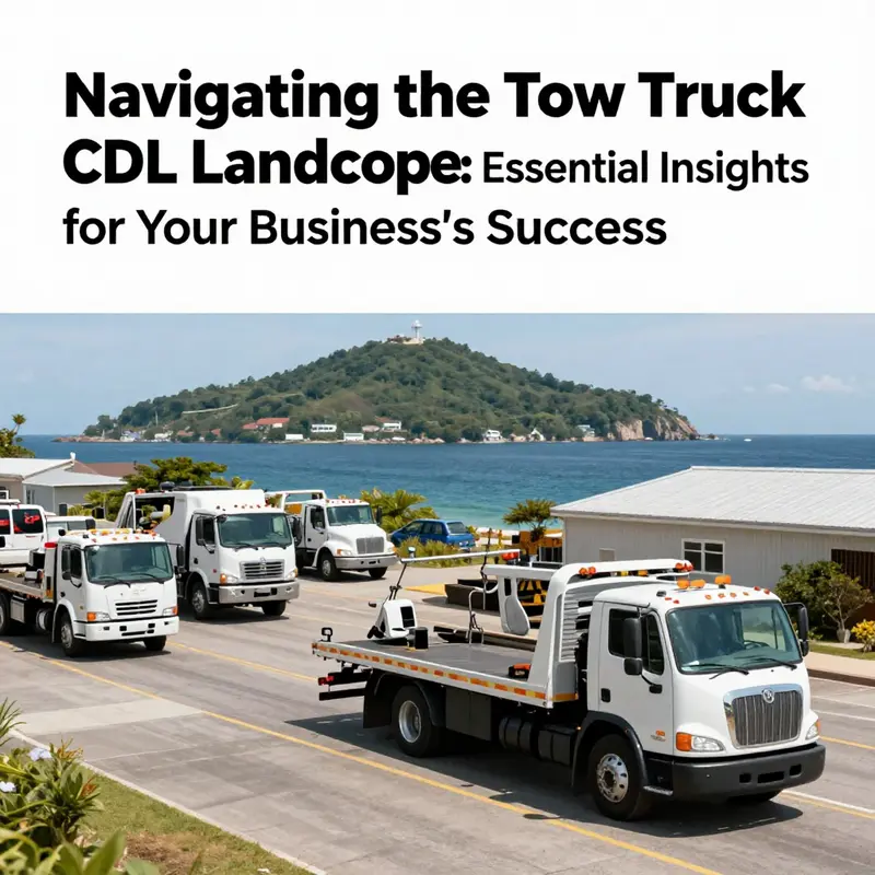 Different tow trucks in action with an island background, representing the various aspects of the towing industry.