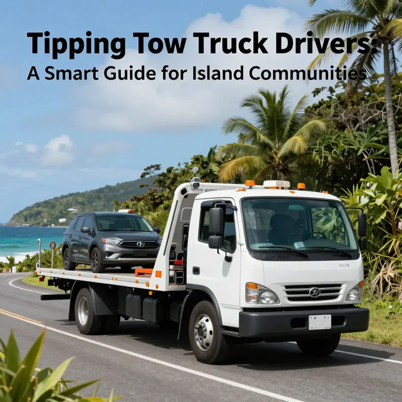 A tow truck parked alongside a beautiful island road, symbolizing reliance on roadside assistance.