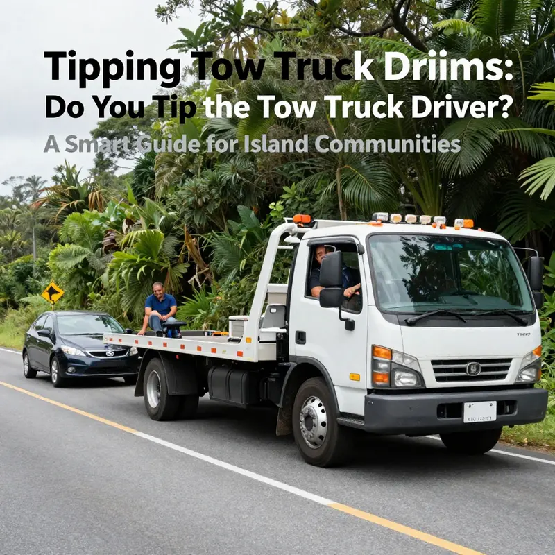 Tow truck drivers providing service on an island road, illustrating the norms related to tipping.