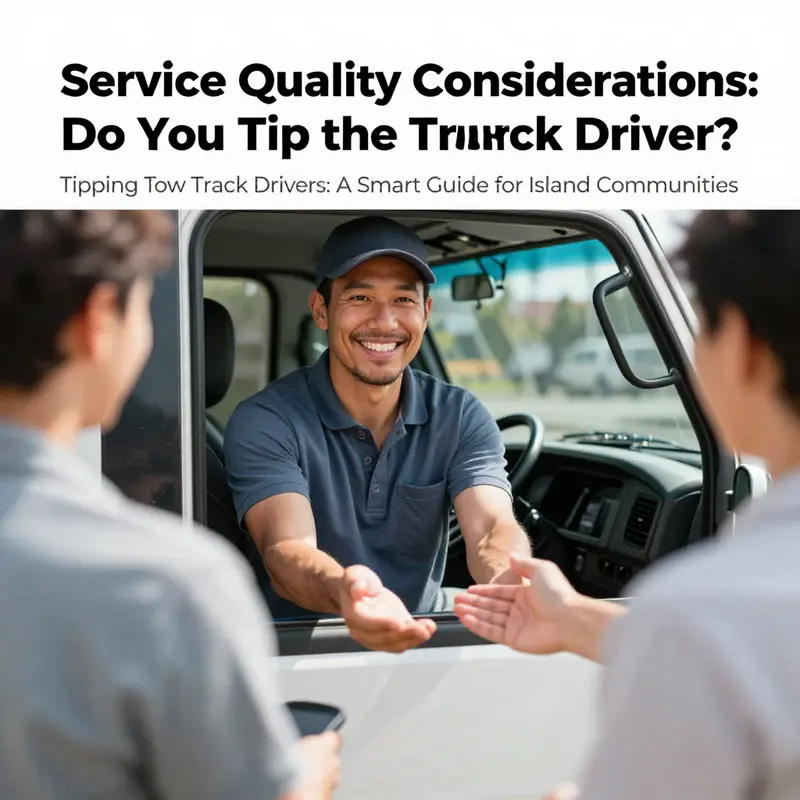 Tow truck drivers providing service on an island road, illustrating the norms related to tipping.