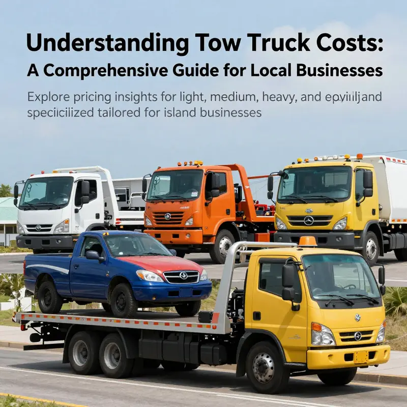 A collage of different tow truck types, showcasing their diversity and specific use cases in a vibrant island setting.