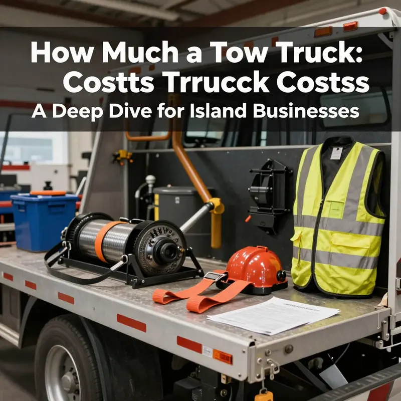 A heavy-duty wrecker tow truck prepares for a large recovery operation on an island road.