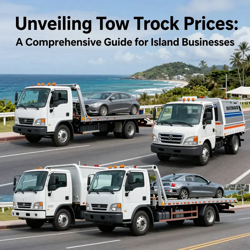 A collage of various tow trucks, representing light, medium, heavy, and specialized vehicles in a scenic island setting.