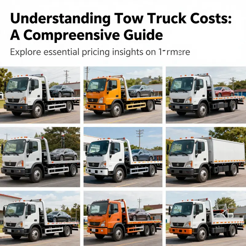 A collage featuring different types of tow trucks, illustrating their various applications and pricing.
