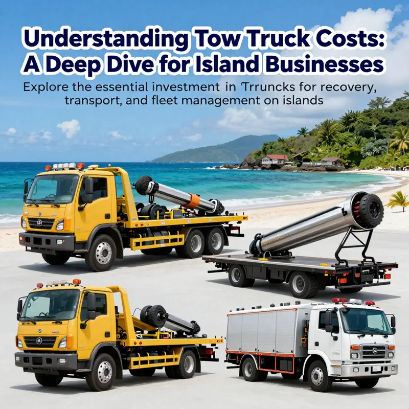 A composite image of different types of tow trucks essential for island operations, set against a backdrop of tropical scenery.