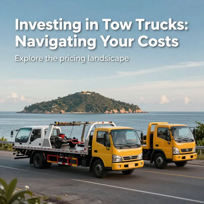 Multiple tow trucks of varying categories displayed against a scenic island landscape, symbolizing their significance in local industry.