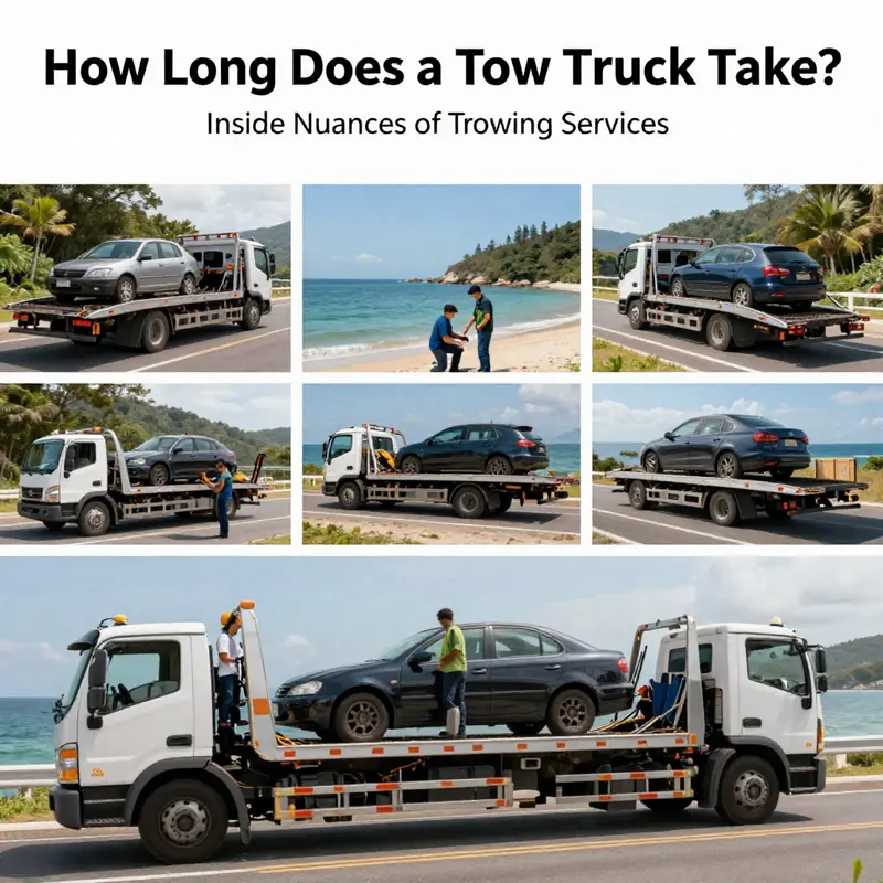 A collage showing various towing scenarios with flatbed trucks and roadside interventions.