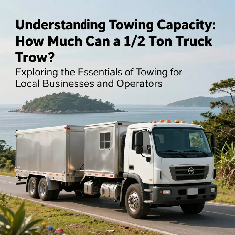 A 1/2 ton pickup truck hitched to a trailer, positioned against a dramatic island backdrop with mountains and sea.