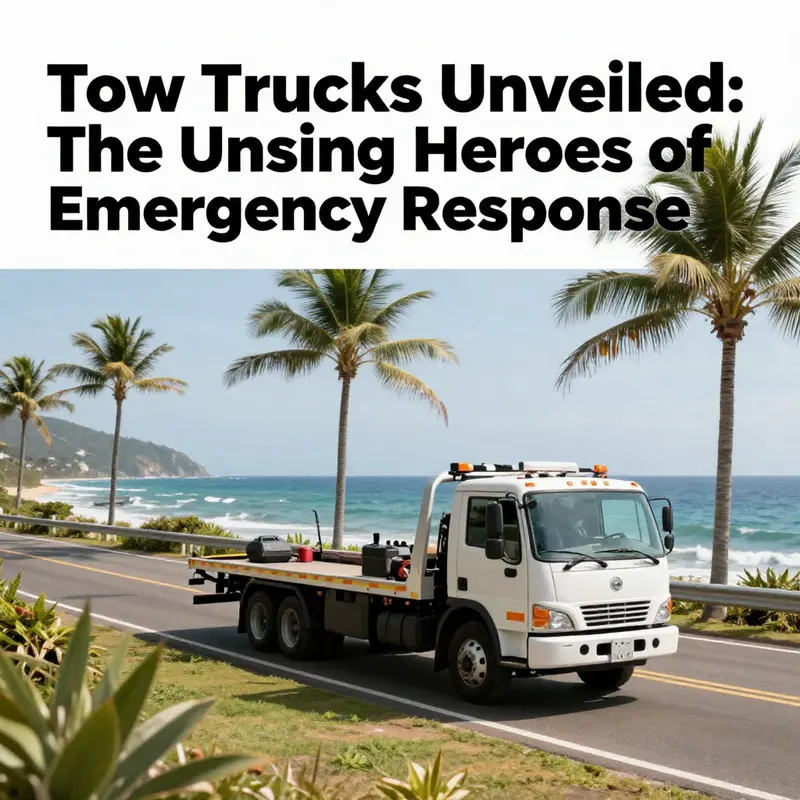 A tow truck on a scenic island road with palm trees and the ocean, representing the pivotal role of emergency vehicles.