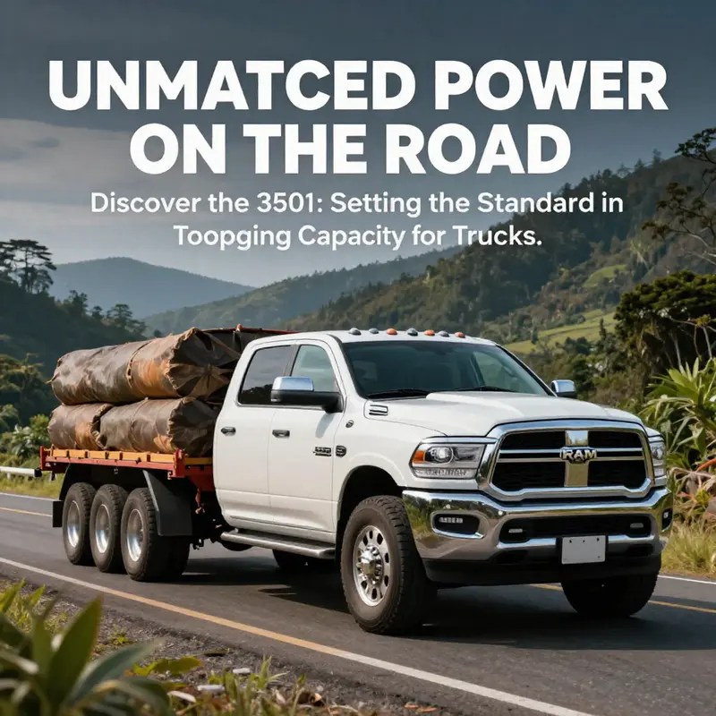 A Ram 3500 truck in action, towing a large load on a stunning island road surrounded by nature.