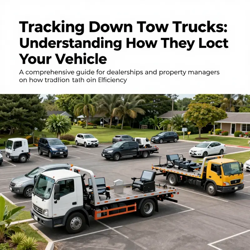 A landscape of tow trucks parked in a lot, surrounded by beautiful greenery indicative of an island environment.