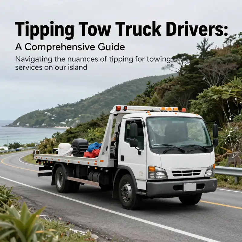 Tow truck operating on a scenic island road, emphasizing community and service.