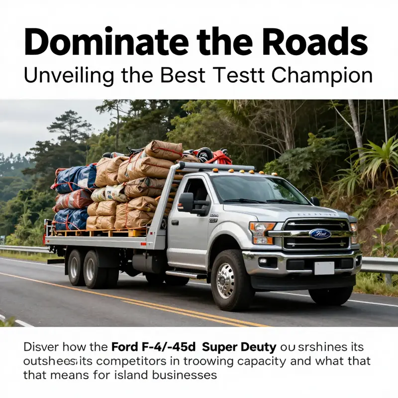 A Ford F-450 Super Duty towing a substantial load on a scenic island road, illustrating its unmatched towing capacity.