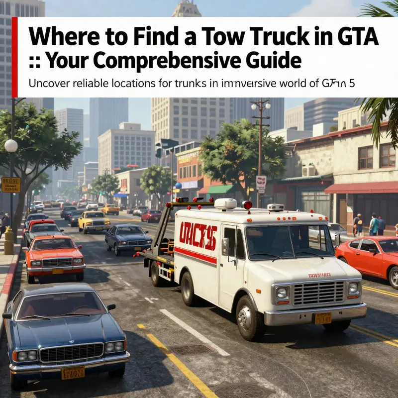 A lively street scene in GTA 5 showing various vehicles and a Classic Tow Truck.