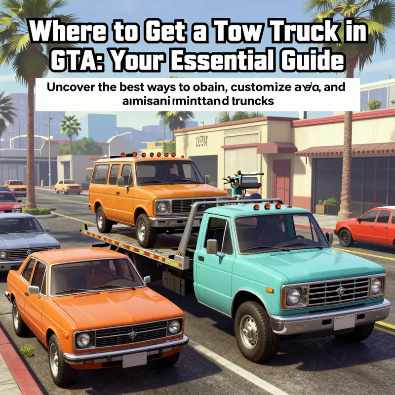 A lively scene of multiple tow trucks parked on the streets of Los Santos in GTA V.