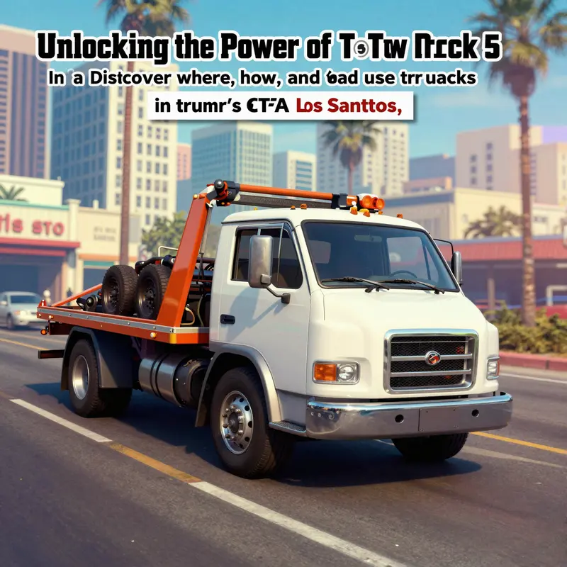 A cover image representing the towing dynamic in GTA 5, featuring a cityscape with a bright blue tow truck.