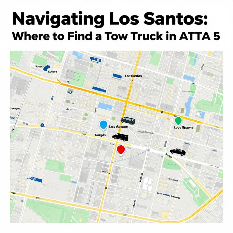An illustrated map highlighting key locations to find tow trucks in GTA 5.