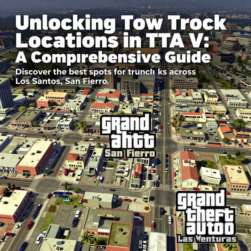 A colorful representation of the Grand Theft Auto V map, highlighting urban areas significant for finding tow trucks.